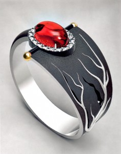 Narges Sadighian Designer, 18K Black Gold and Oxidized Sterling Silver with Ruby Cabochon and Diamonds